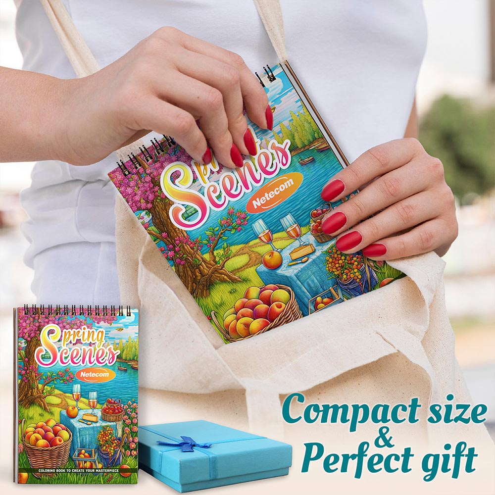 Netecom Spring Scenes Coloring Book Spiral Bound For Adults, A5 Wooden Cover, 30 Delightful Coloring Pages of Blooming Landscapes and Peaceful Gardens for Relaxation and Stress Relief