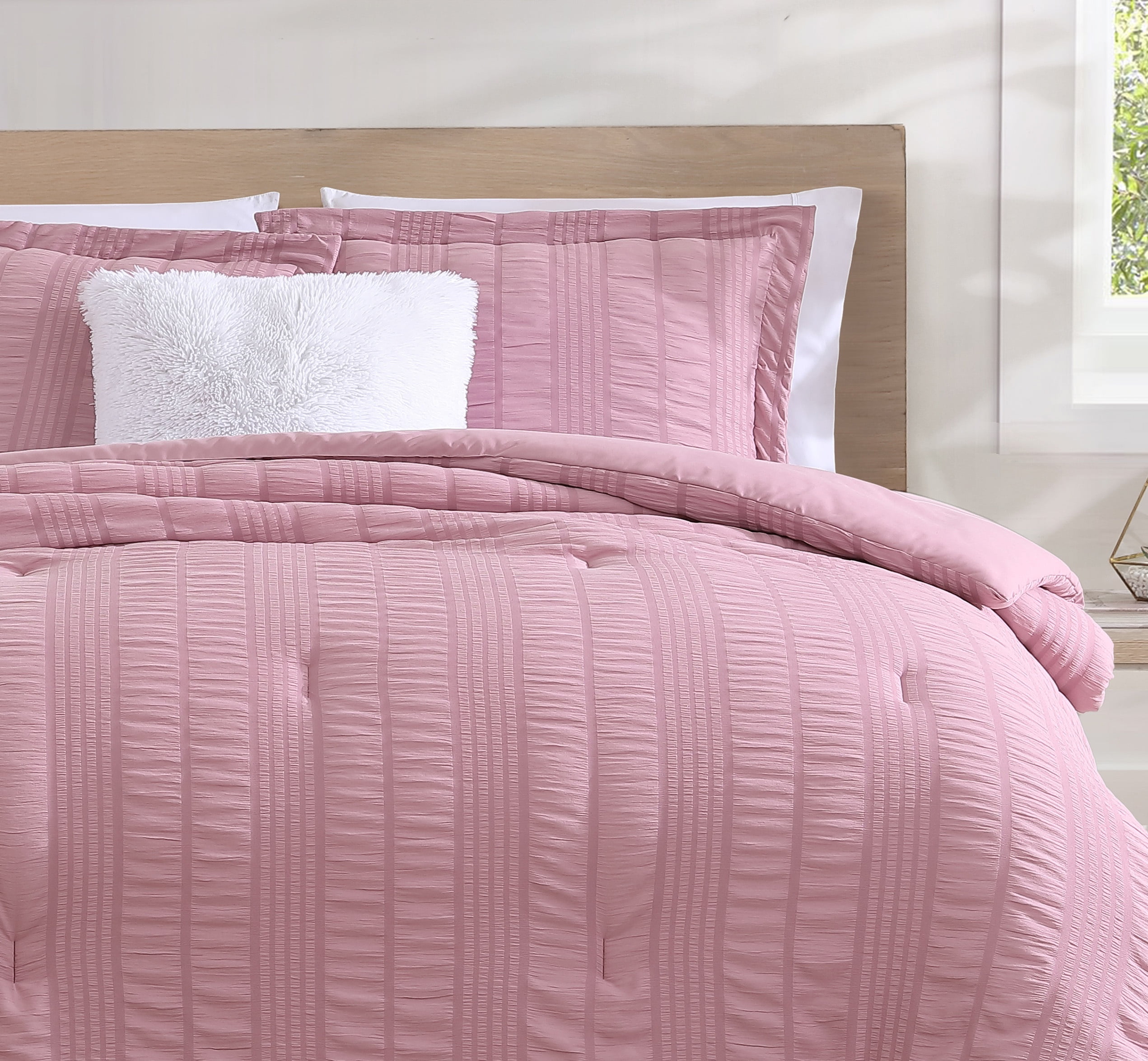 CEDAR COURT Morgan Textured Seersucker Stripe Rose 2-Piece Soft Polyester Seersucker Comforter Set - Twin