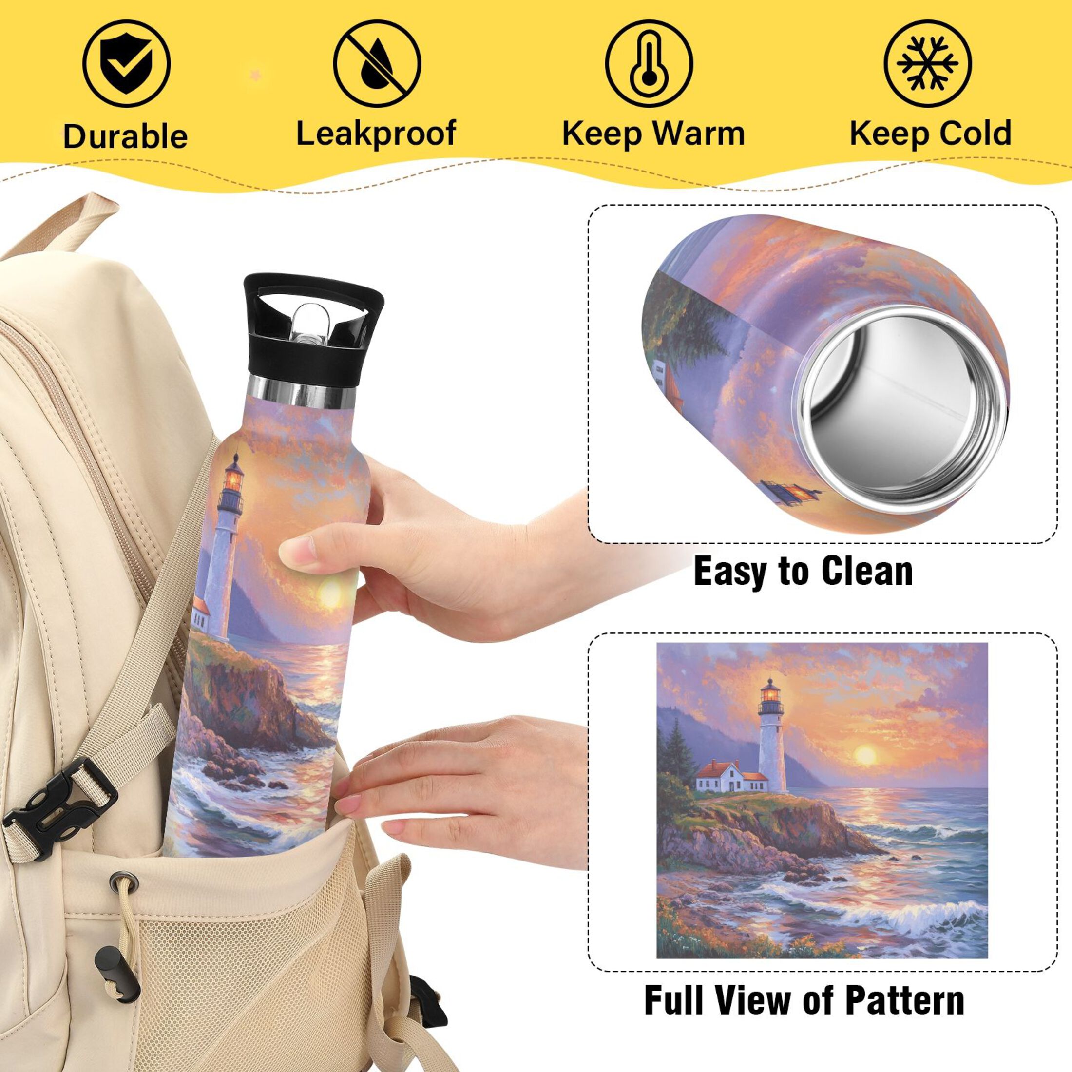 600ML Stainless Steel Insulated Cup Sports Water Bottle Portable Thermos Cup Water Glasses Insulated Tumblers Convenient and Durable Super Beautiful Lighthouse