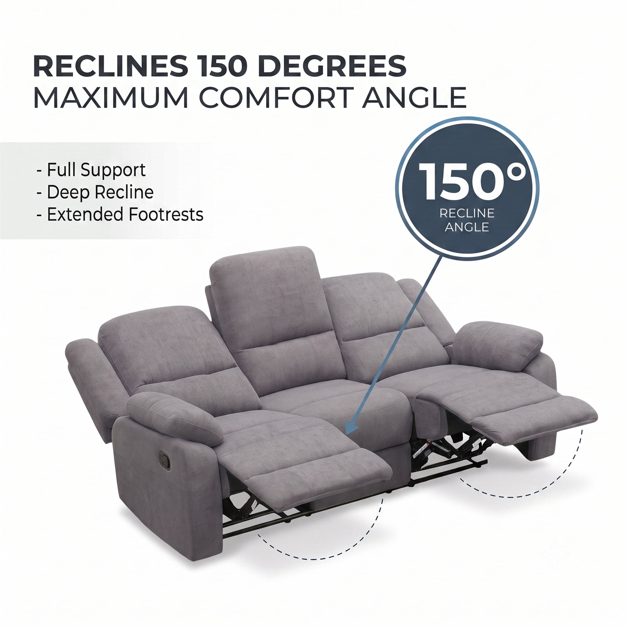 Grey 3-Seat Reclining Sofa - Modern Microfiber Living Room Couch