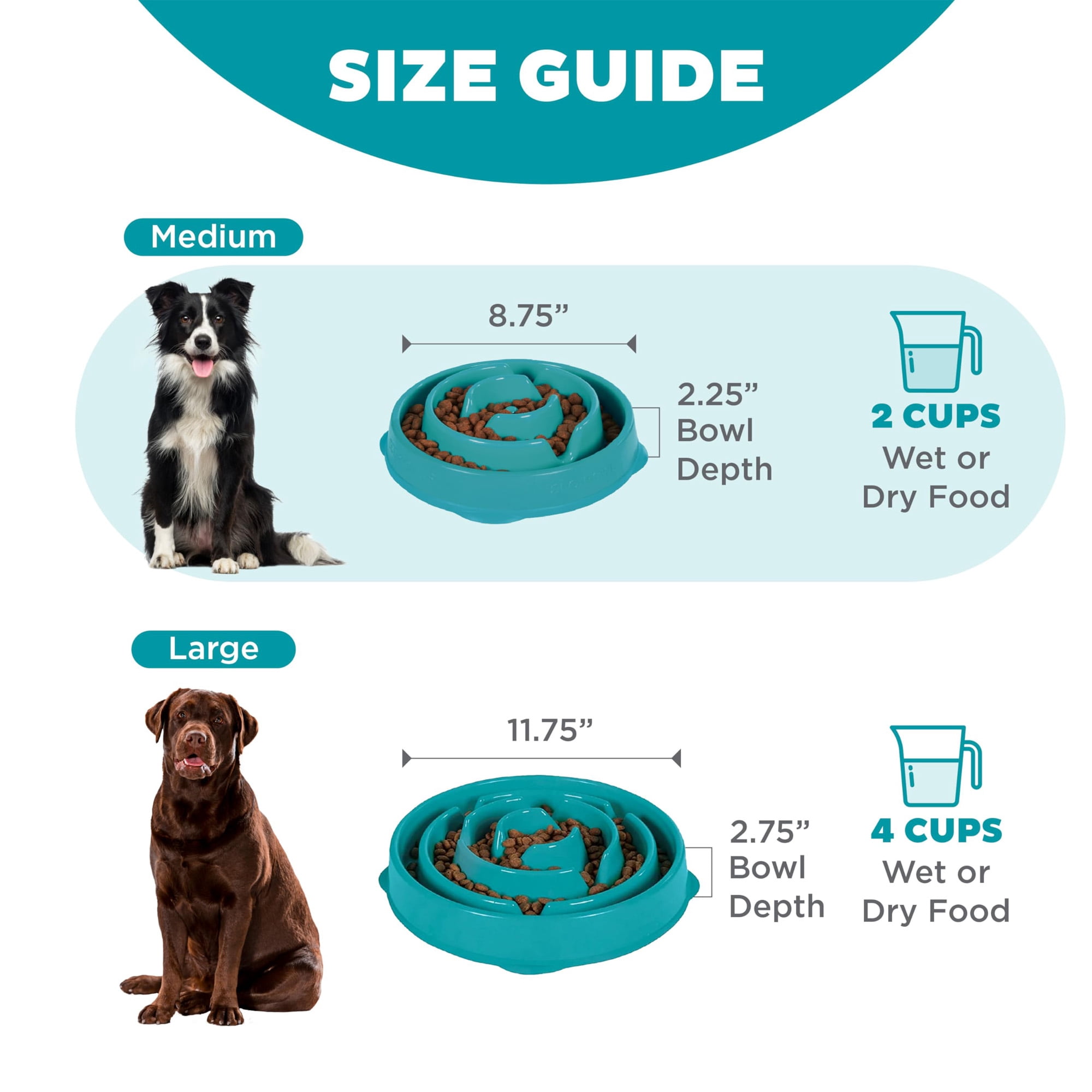 Slow feed bowl, 2 cups, for small/medium pets. Non-slip maze design slows eating, aids digestion, prevents bloating. Turquoise/green pattern.