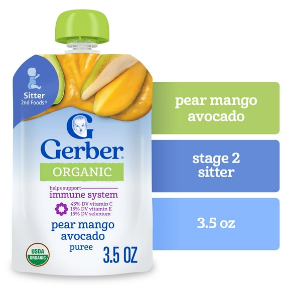 Gerber Stage 2 Baby Food, Organic Pear Mango Avocado, Baby Food Pouches, Puree 3.5 oz