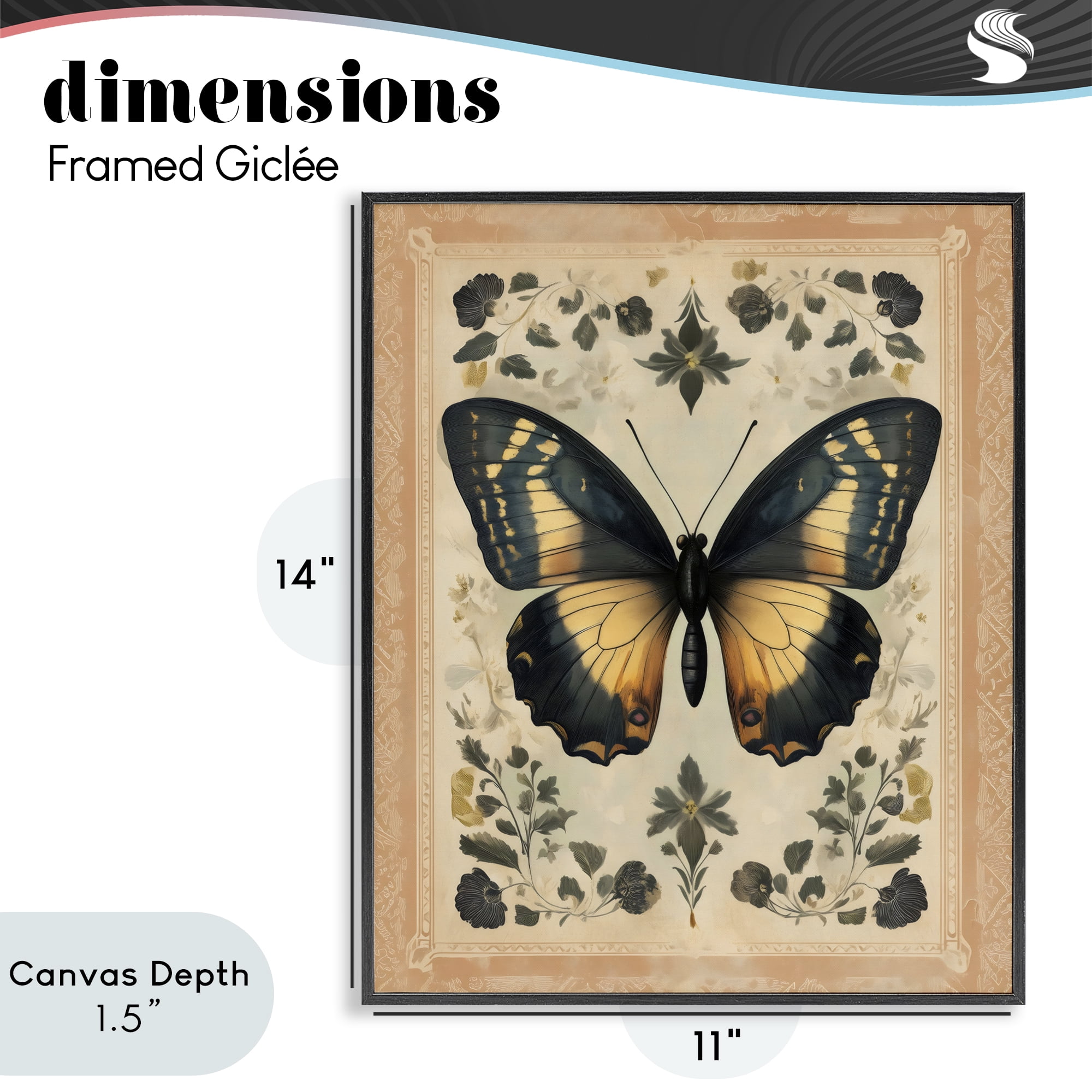 Stupell Industries Vintage Butterfly Botanical Illustration Black Framed Giclee Art, design by Arlington Prints