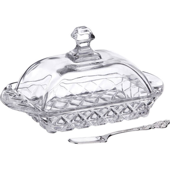 STPgoods Muza Clear Glass Butter Dish with Lid and Knife for Countertop Butter Holder