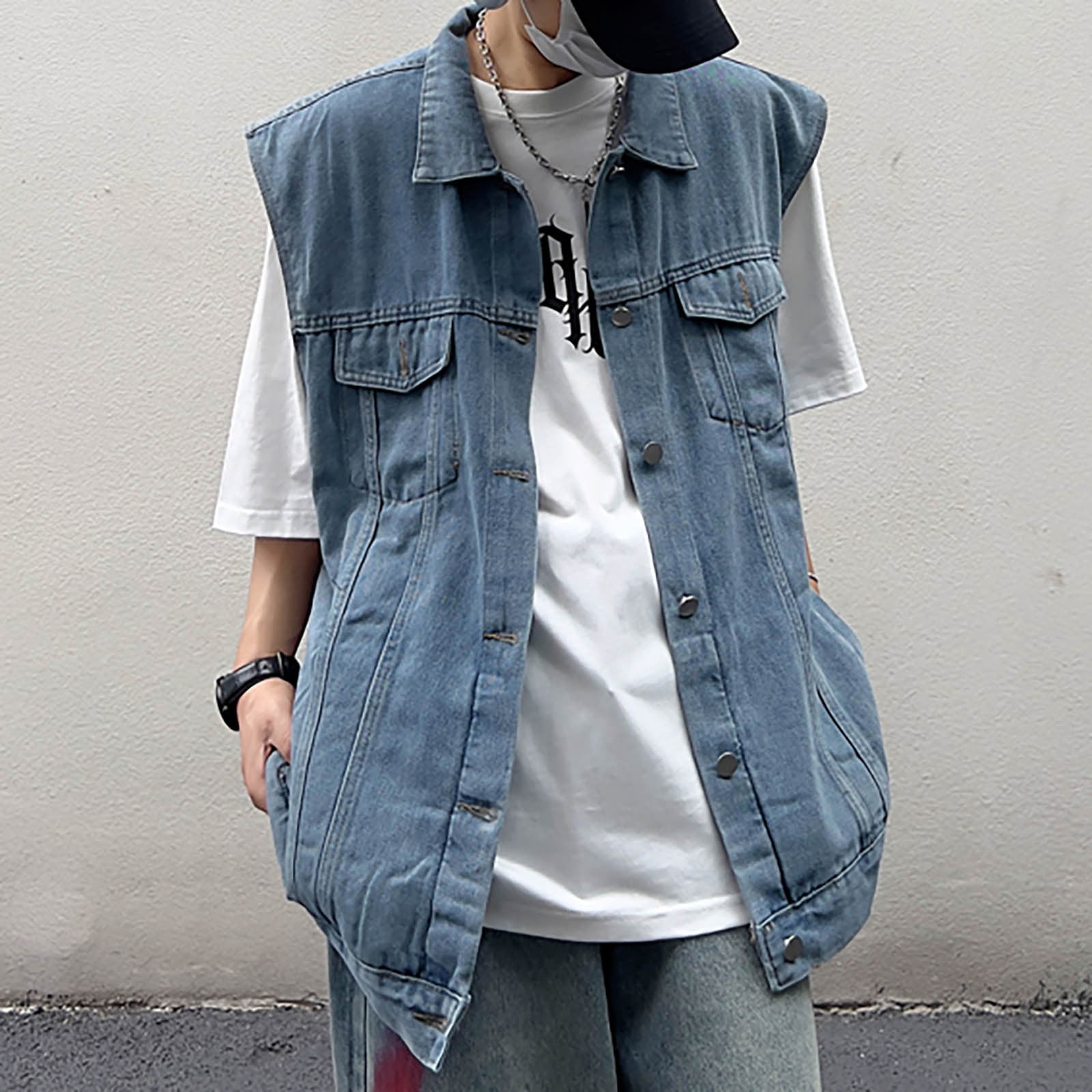 Daniel Smart Men Denim Vest Scoop Collar Design Black Jean Motorcycle Vest  with Concealment Armory Pocket.