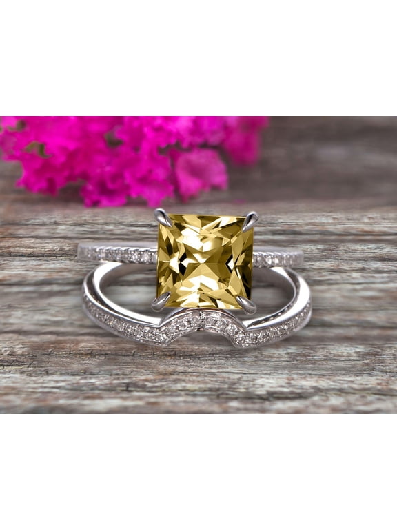2.25 Carat 6mm Princess Cut Champagne Diamond Moissanite Wedding Set Engagement Bridal Ring Set On 10k White Gold Plain Edge Curved Matching Band Art Deco Glaring Staggering Ring