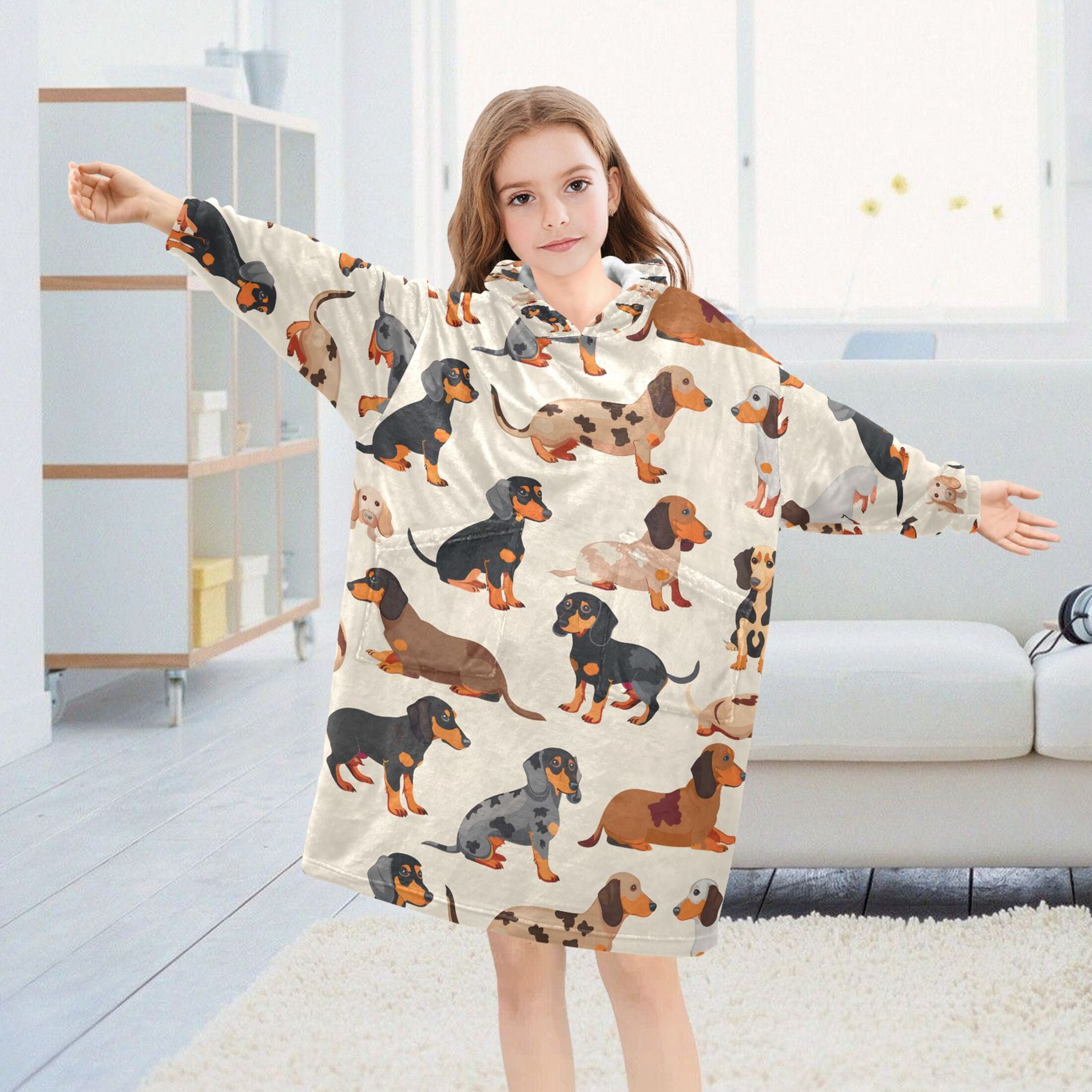 joogoo Wearable Blanket Hoodie for Cute Dachshund Dog Flannel Sherpa Pocket 3-14 YR S