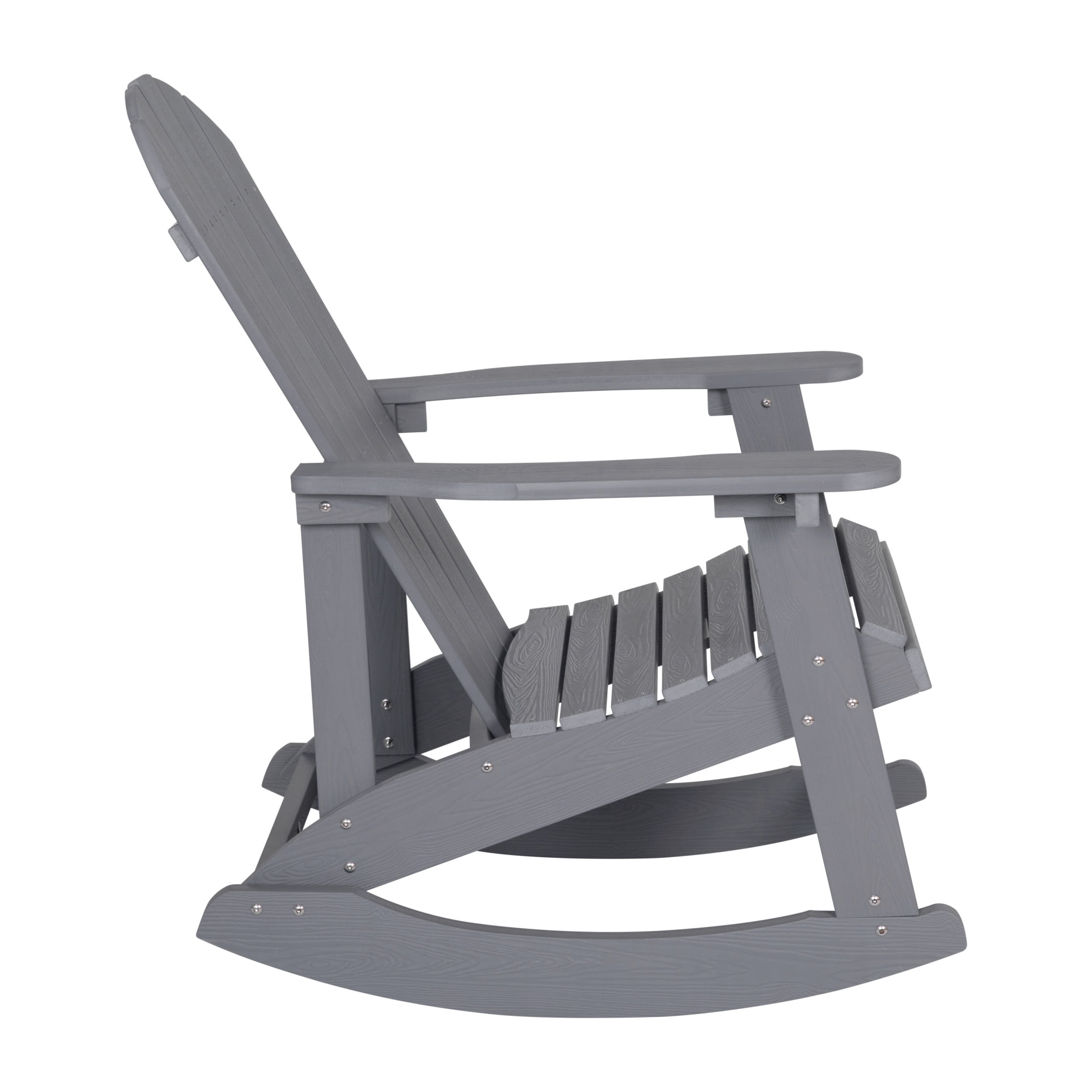 Emma + Oliver Set of 2 Classic All-Weather Poly Resin Rocking Adirondack Chairs in Gray with Matching Side Table for Year Round Use