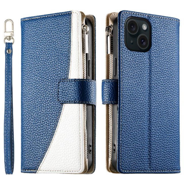 Funda cartera GANGXUN para iPhone 15 , cuero PU con tarjetero, cremallera, correa de mano, soporte y protección 826°