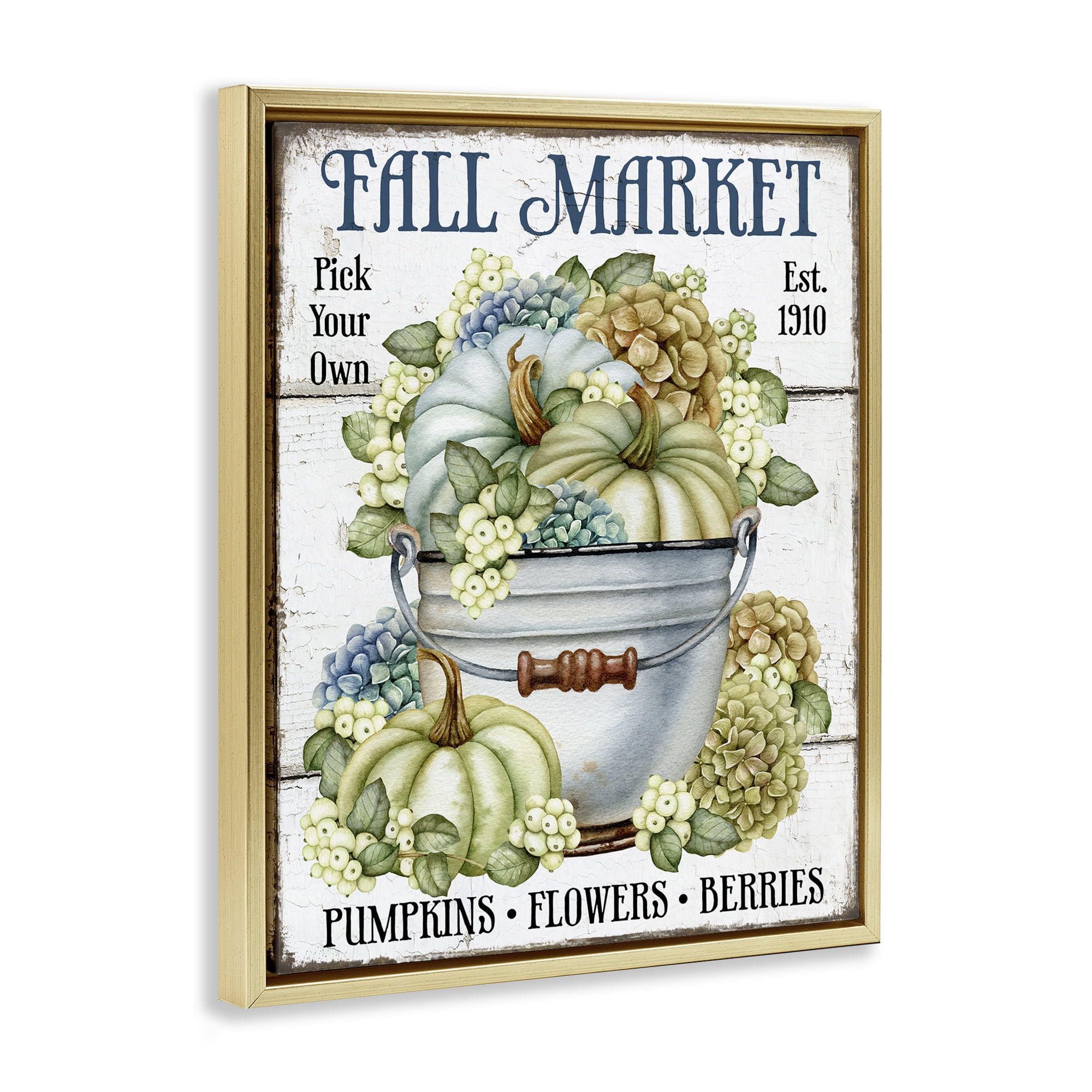 Stupell Industries Vintage Pumpkins & Hydgrangea Holiday Painting Gold Floater Framed Canvas Art Prints Wall Art, 17 x 21