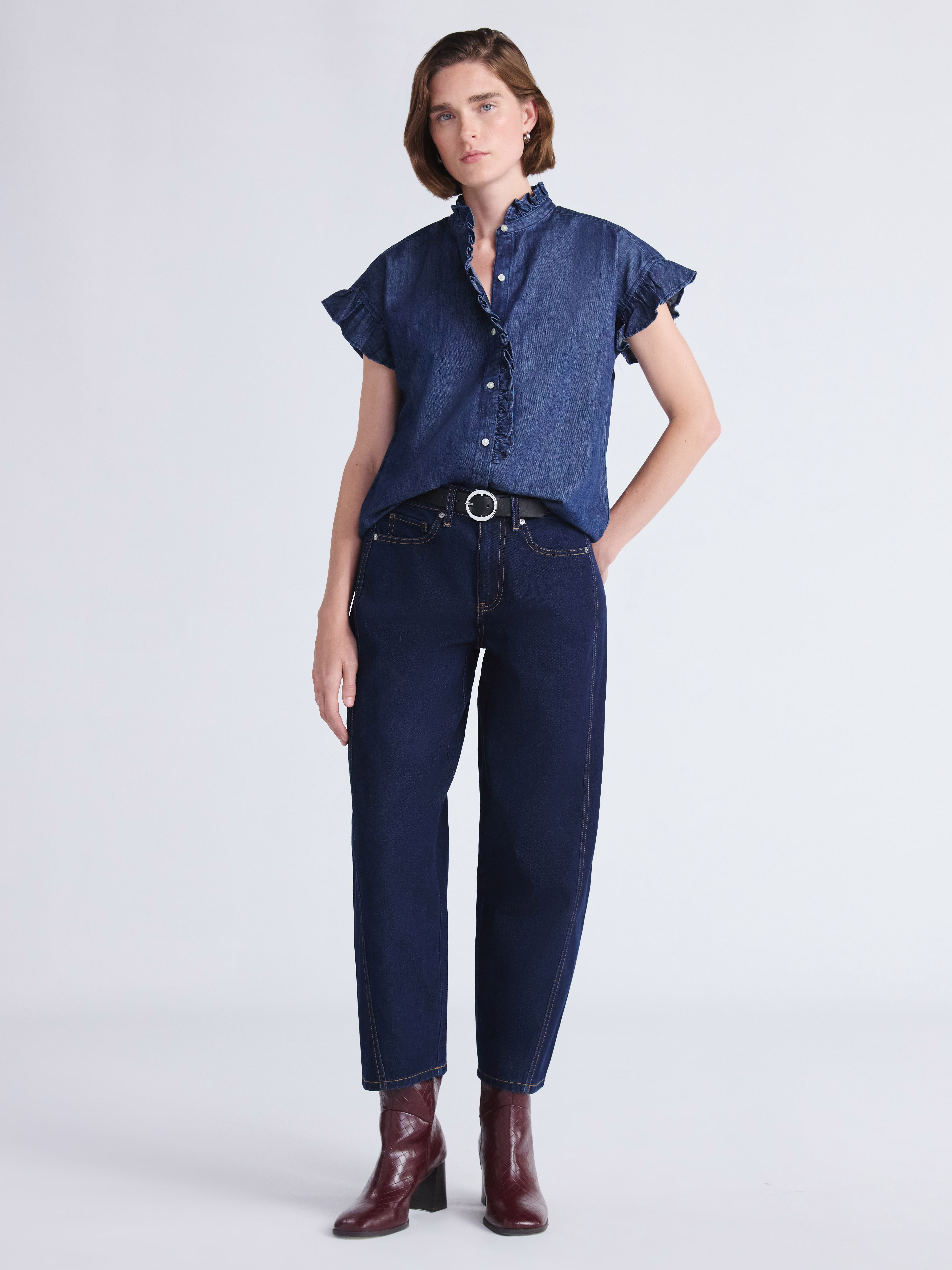 Free Assembly Women's and Women's Plus Ruffle Trim Neck Top with Short Sleeves, Sizes XS-4X