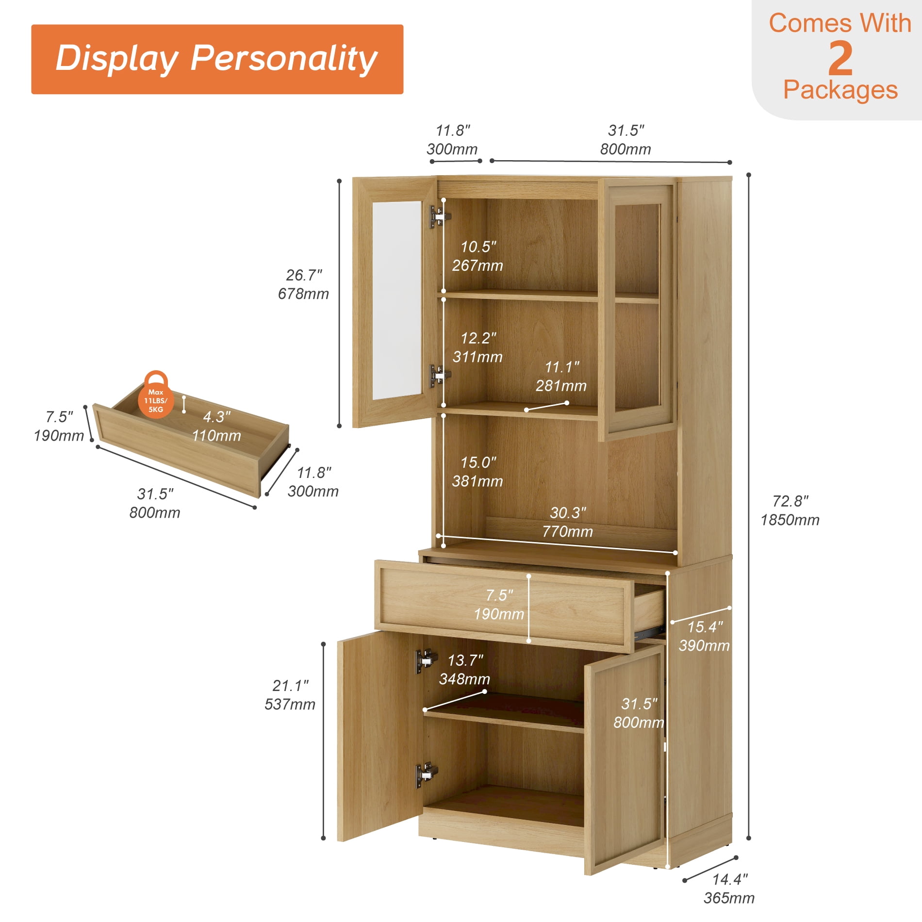 Modern 72" Tall Bookshelf with Glass Doors, Drawers & Adjustable Shelves, Closed Storage Cabinet & Glass Display Shelves,Oak