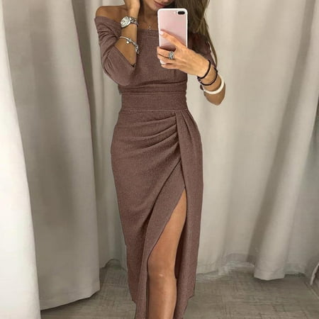 Brown Polyester Coffee Coffee Off-the-Shoulder Women s Formal Dress  Women s Bag Hip Slit One-neck Dress Shiny Dress Dinner Dress