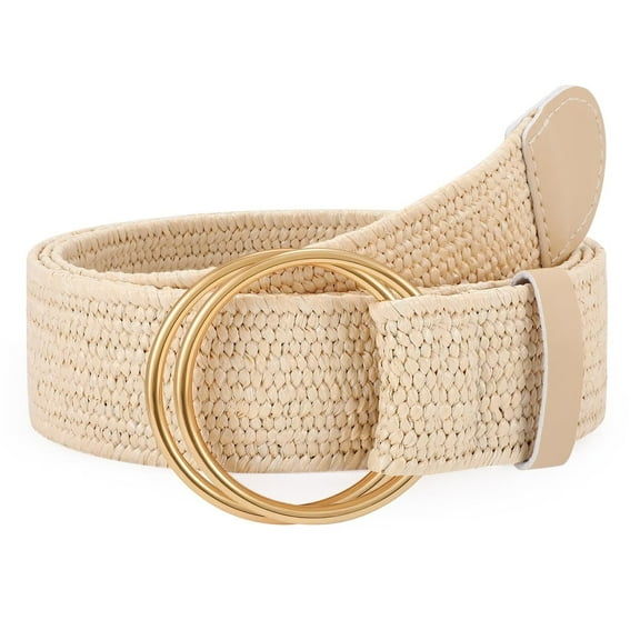 JASGOOD Women's Boho Braided Belts Ladies Straw Woven Stretch Belts with Double O Buckle Gold Beige