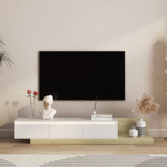 Resenkos Modern TV Shelf with LED Lights, Wooden Entertainment Center, Media Storage Cabinet for Living Room and Bedroom, White