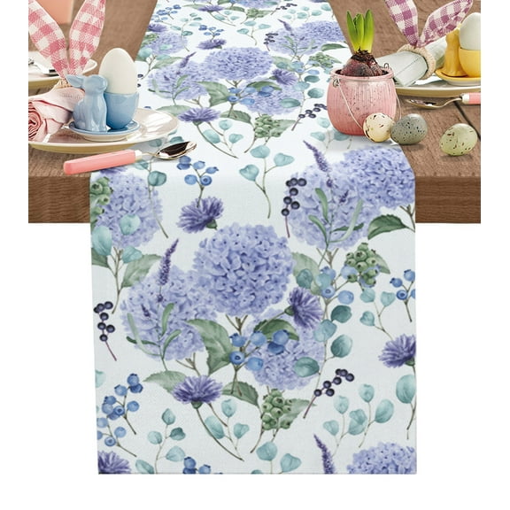 Table Runner Dresser Scarves 90 Inch Long, Purple Hydrangea Flower Blueberry Linen Dining Table Runners Watercolor Floral Leaves on White Tabletop Scarf for Wedding Holiday Party Kitchen
