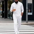 thumbnail image 4 of mihongmao Western Outfit for Men Solid-Color Casual Sporty Round-Neck Button Stand-Up Collar Long Sleeved Top Pocket Drawstring Long Pants Two Piece Set White M, 4 of 8