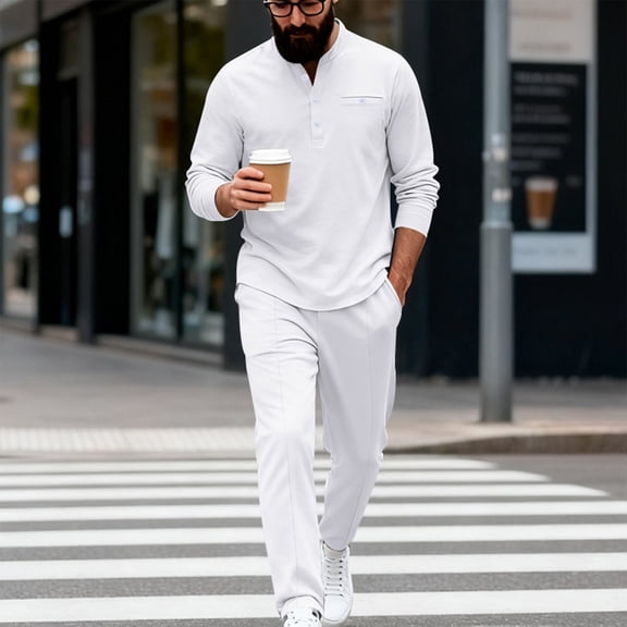 Tauxra Men's Casual 2-Piece Set, Long Sleeve Stand Collar Button Top and Drawstring Pocket Pants