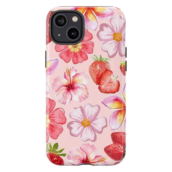 Strawberries & Tropical Blooms iPhone Case – Pink Floral Aesthetic with Fruit Accents, Sweet Summer Vibes Phone Cover for iPhone 16 15 14 13 12 11 Plus Pro Max Mini