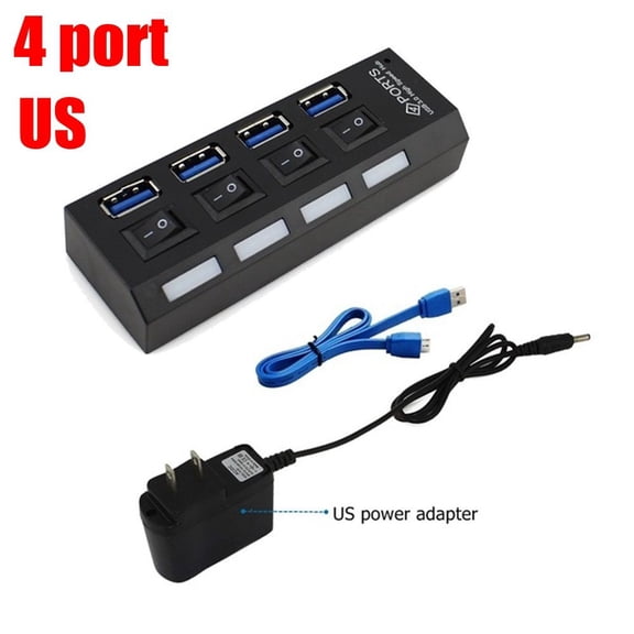 Socket US/EU/UK/AU Plug Sync Data Splitter 4/7 Port USB 3.0 Hub 5Gbps High Speed on/Off Switches AC Power Adapter 4 PORT US