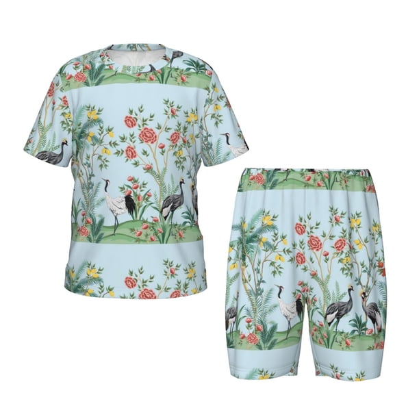 Balery Chinoiserie Floral Palm Tree Conjunto de Pijama Infantil de Manga Corta con Estampado – Ropa de Dormir de Algodón Suave-Large