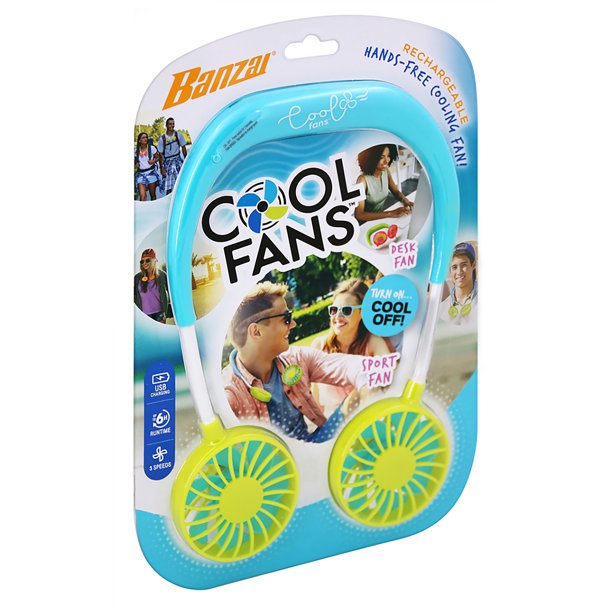 Banzai Wearable Green 3Speed Neck Fan, Rechargeable USB, Ages 14 & Up
