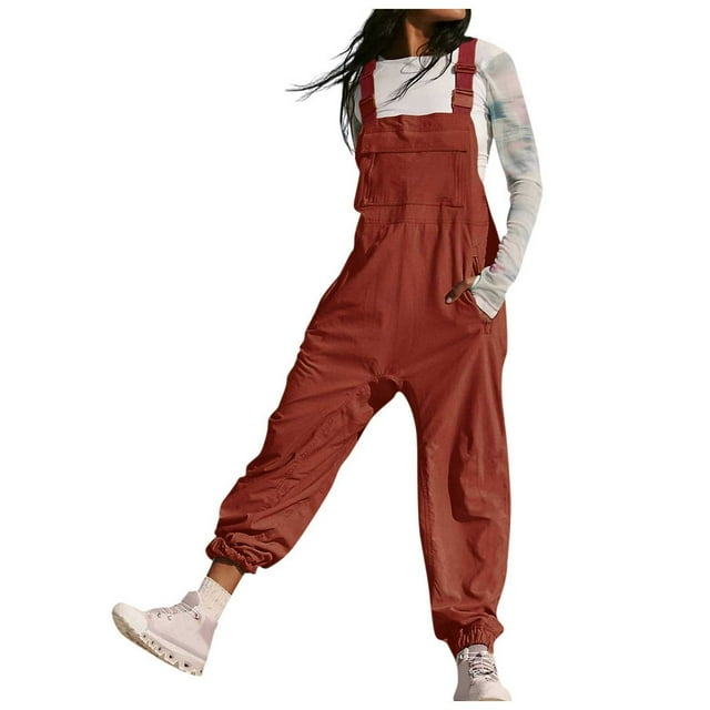 Women Fashion Solid Work Overalls With Pockets And Casual Leggings Jumpsuits