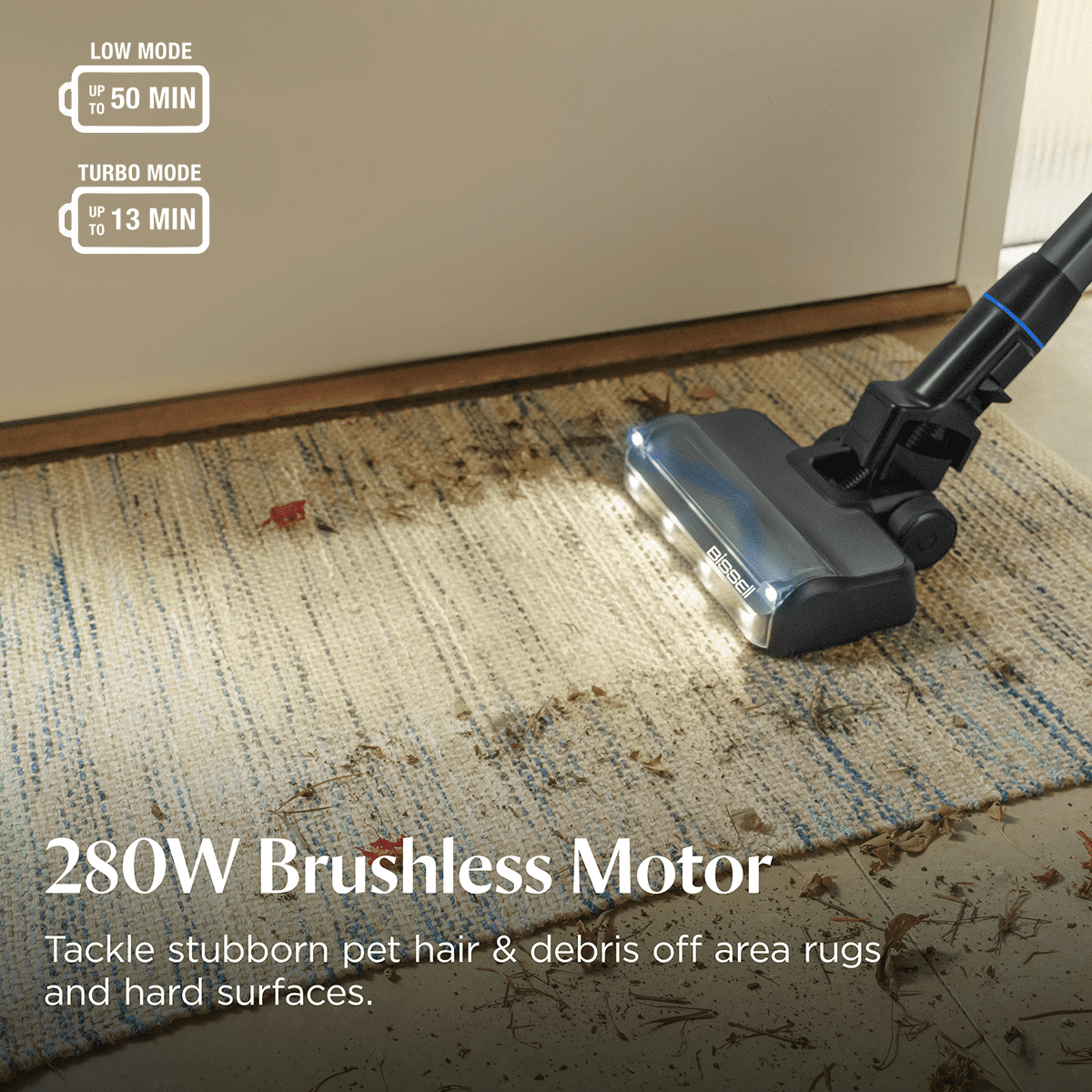 BISSELL® PowerClean® FurGuard™ 280W Cordless Vacuum w/ 3-in-1 Versatility, Self Cleaning Brush Roll, Strong Suction, Removable Battery, 50 Min Runtime, Powered Upholstery Tool, and FurFinder Headligh