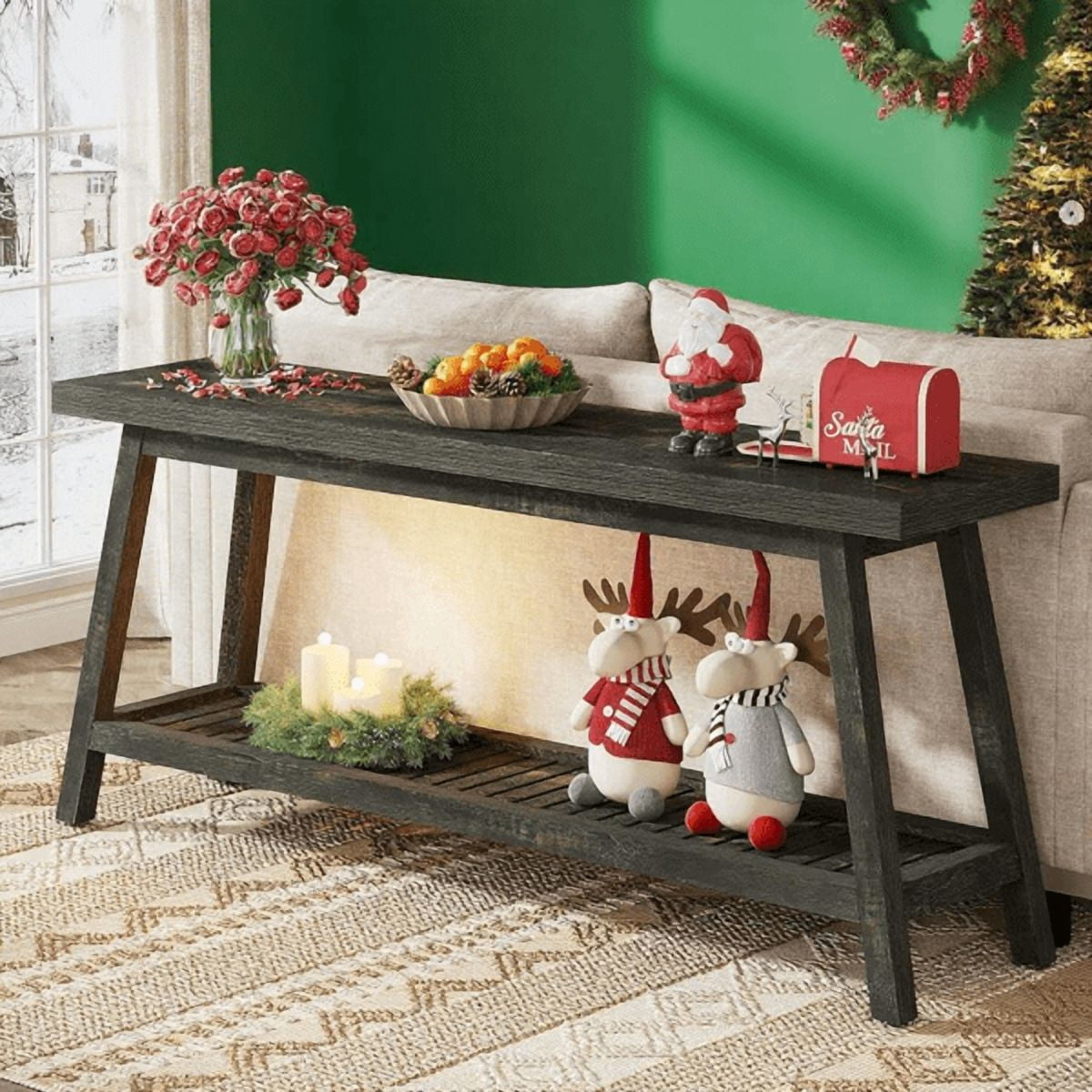 70.9" Farmhouse 2-Tier Console Table - Vintage Wood Grain, 1.97" Thick Engineered Wood, Sturdy Trapezoid Base for Entryway, Hallway, Behind Couch