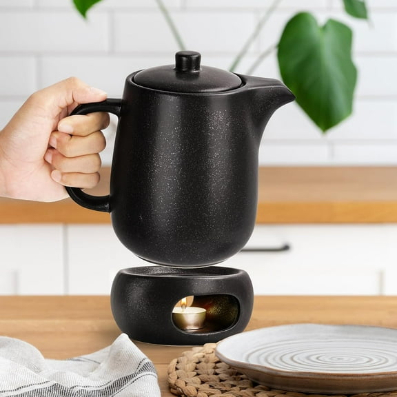 Teapot with Warmer Set, 1.2 L, Ceramic Teapot with Strainer Insert and Candle Warmer