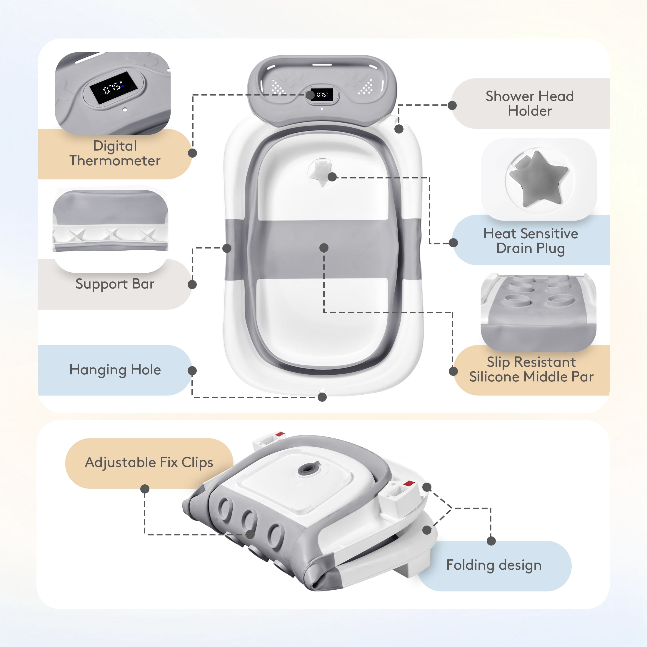 Babyomi Collapsible Baby Bathtub, infant tub for newborn with Temperature Sensor and Storage Tray, Portable Bath Tub forTravel, Gray