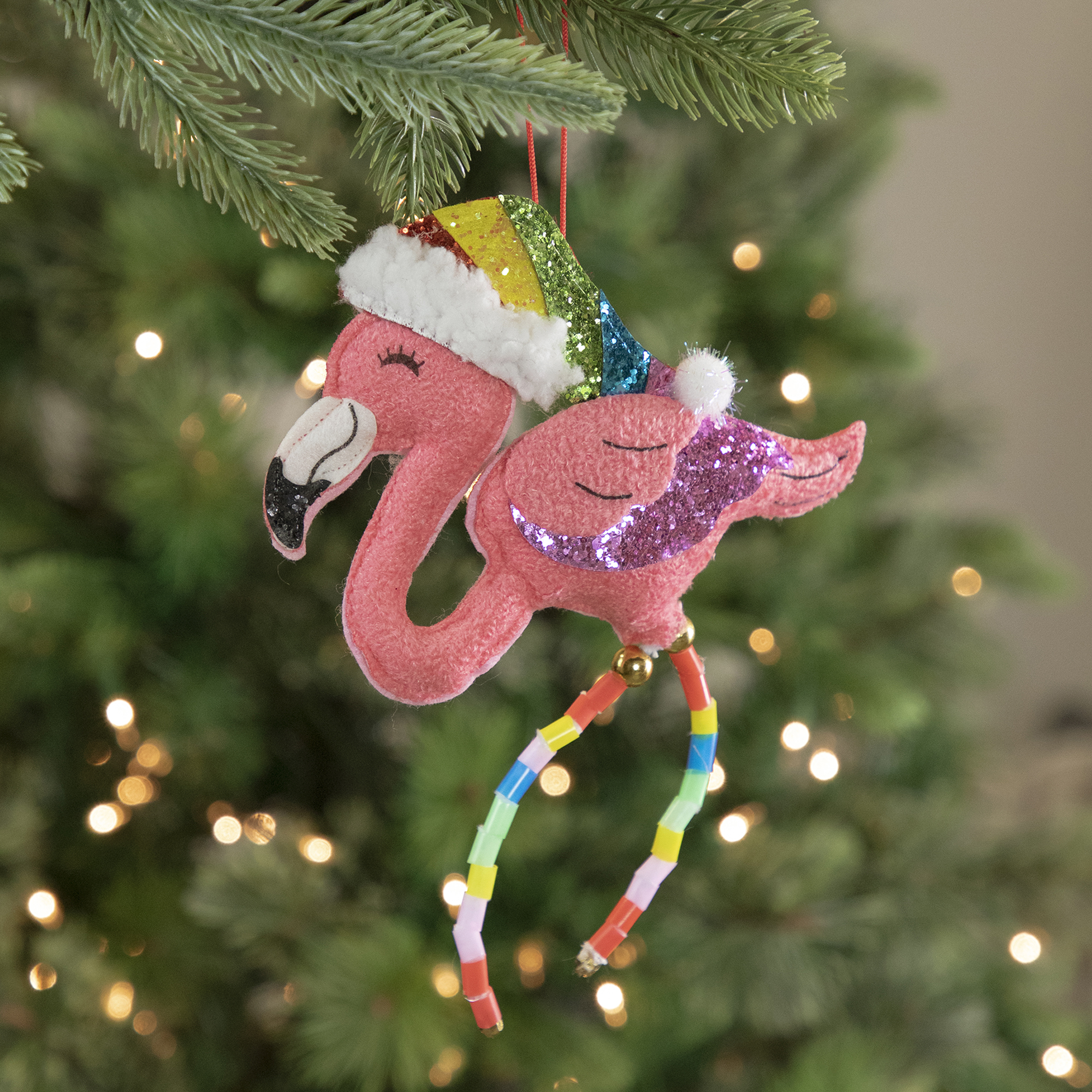 9.5" Plush Stuffed Flamingo with Rainbow Hat and Legs Christmas Ornament