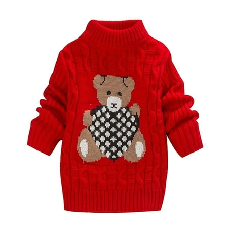 

Journey Kid s Winter Sweater for Boy Girl Cartoon Bear Knitted Low Collar Pullover Tops(Red 110cm)