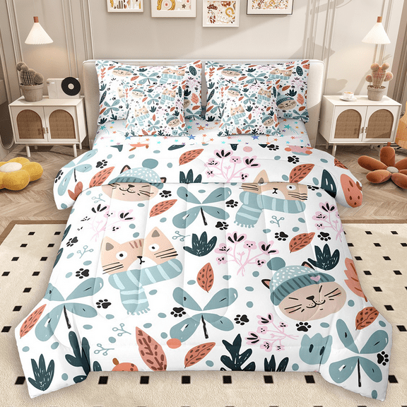 Manfei Funny Cat Twin Bedding Sets 7pcs for Kids Boys Girls, Botanical Floral Leaf Bedding Comforter Set, Kitten Flower Sheet Sets, Lightweight Room Decor