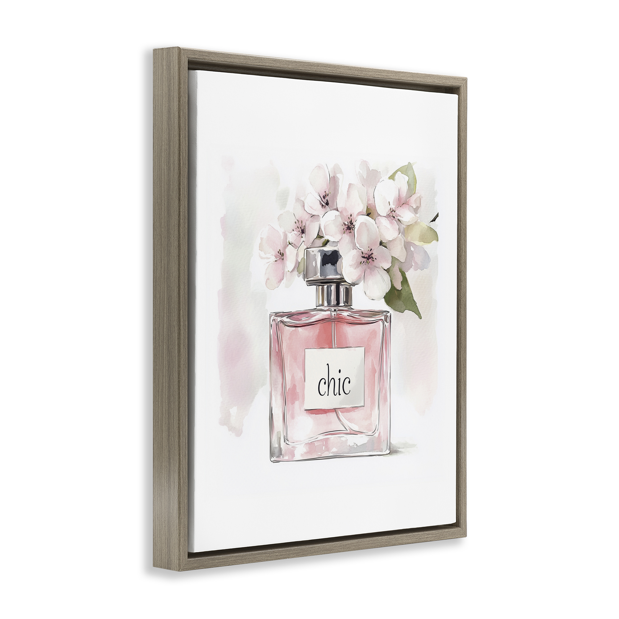 Cherry Blossom Chic Perfume Brown Framed Floater Canvas Wall Art, design by Christine Simpson Art
