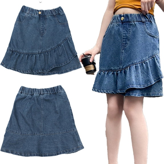 LYMAYTER 5-14Y Girls Denim Casual Short Skirt Solid Ruffle Hem Regular Fit Stretch Waist Children Wear