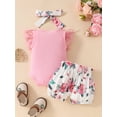 thumbnail image 3 of Caoirhny Baby Girls 3Pcs Summer Outfit Lace Sleeve Ribbed Romper + Bow Shorts + Headband Set Newborn Clothes, 3 of 6