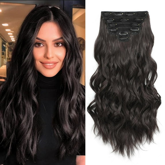 Synthetic Clip in Hair Extensions, 6 PCS Natural & Soft Hair & Blends Well Hair Extensions, Dark Brown Long Wavy Hairpieces(20inch, 6pcs, Dark Brown)