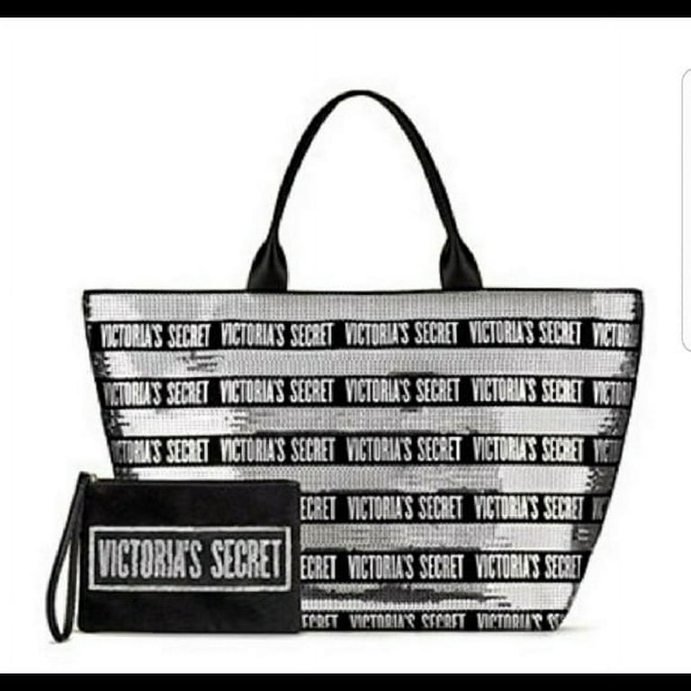 Victoria's Secret Tote Bag 2 Piece Set Black With Silver Sequins Rare 
