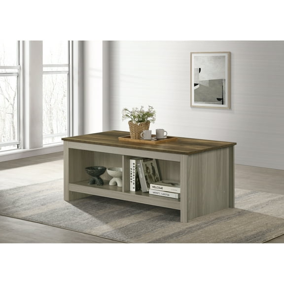 Nyla Gray Oak Coffee Table with Open ShelvesFront and Back
