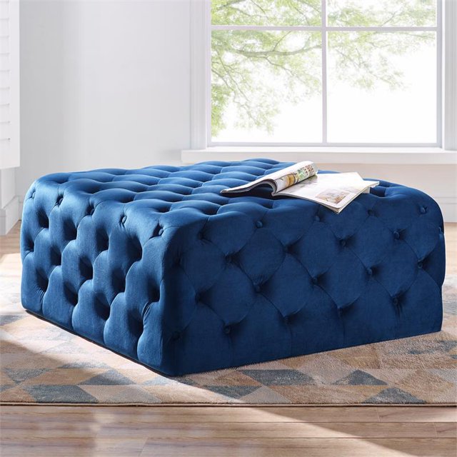 Belham Square Navy Blue Velvet Tufted Ottoman