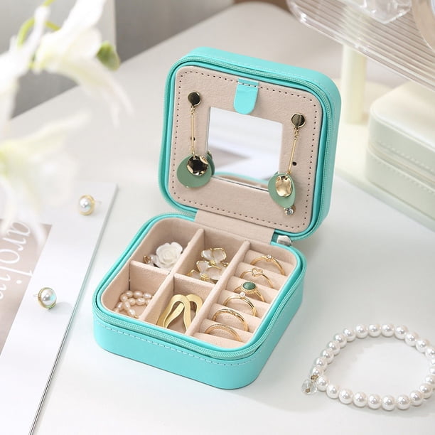 Joyero de viaje portátil con espejo de piel sintética para pendientes, caja de almacenamiento para anillos y joyas