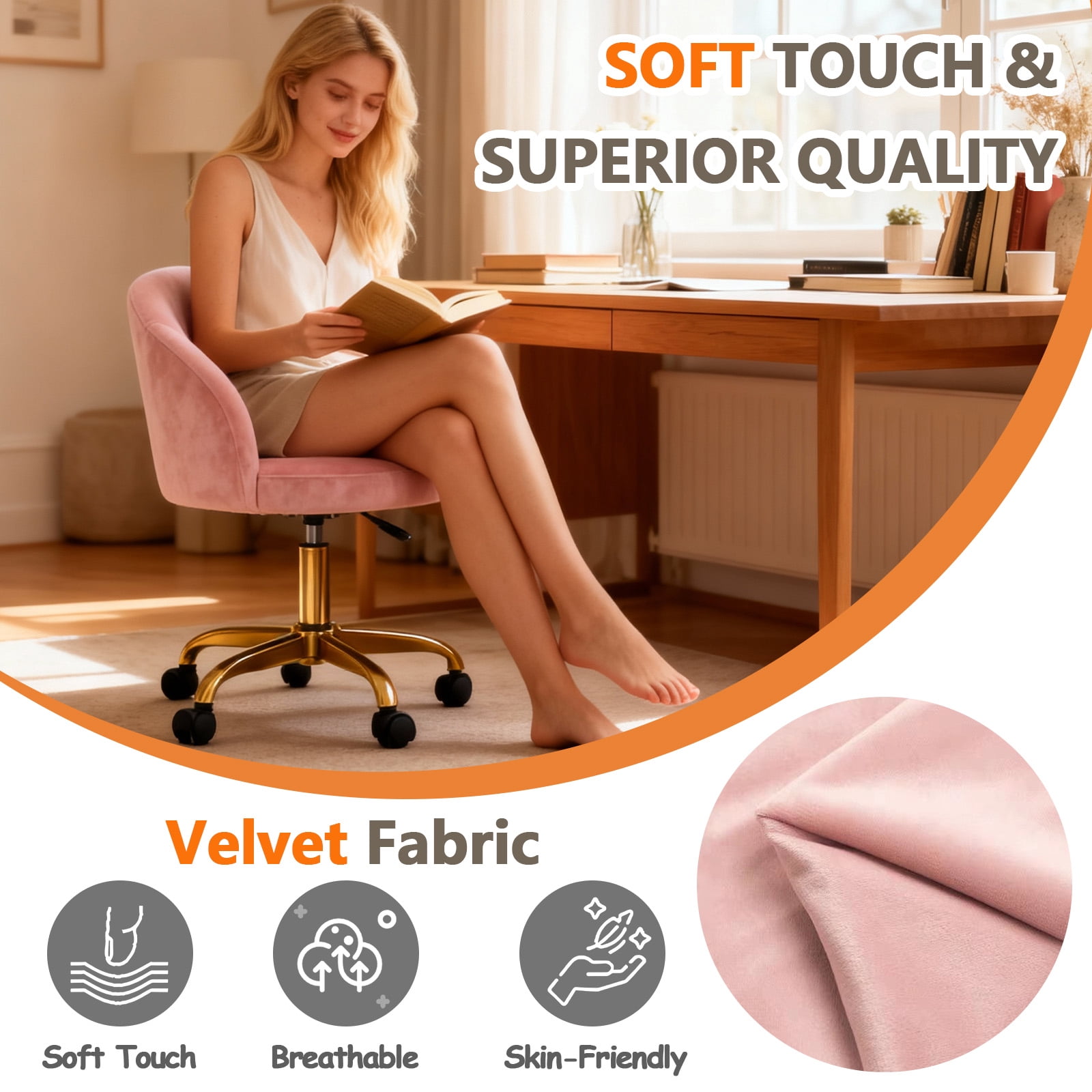 Modern Velvet Small Office Chair,Cute Desk Chair With Wheels,Gold Base/Studs, Comfy Armless Swivel Vanity Task Chair For Women/Girl/Kids, Nail Tech Chair For Bedroom,Small Space,Pink