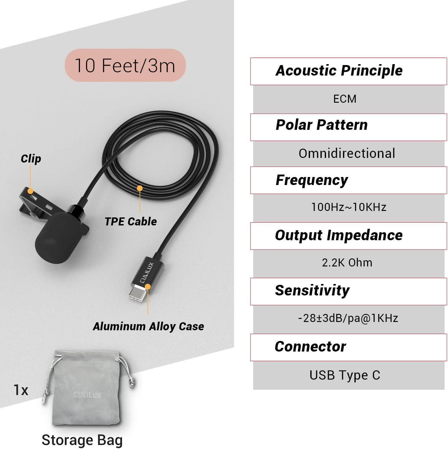 Cubilux USB C Lavalier Microphone, External Lapel Clip Mini Mic for Smartphones, Tablets and Laptops, Plug-and-Play Recording Mic, 10 ft, Black, 1 Pack