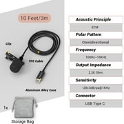 Cubilux USB C Lavalier Microphone, External Lapel Clip Mini Mic for Smartphones, Tablets and Laptops, Plug-and-Play Recording Mic, 10 ft, Black, 1 Pack