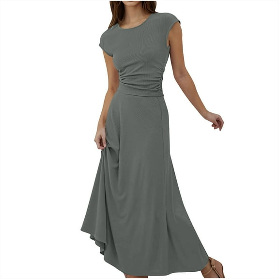 Women Skirts Sets Elegant Sleeveless Cropped Tops Long Skirts Solid Color Pleated Swing Midi Dress 2 Piece Outfits Party Cocktail Outfits Summer Clothes