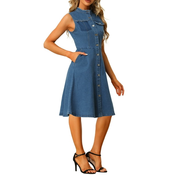 Allegra K Denim Midi Dress for Women's Casual Sleeveless Distressed Jean  Dress Blue M 