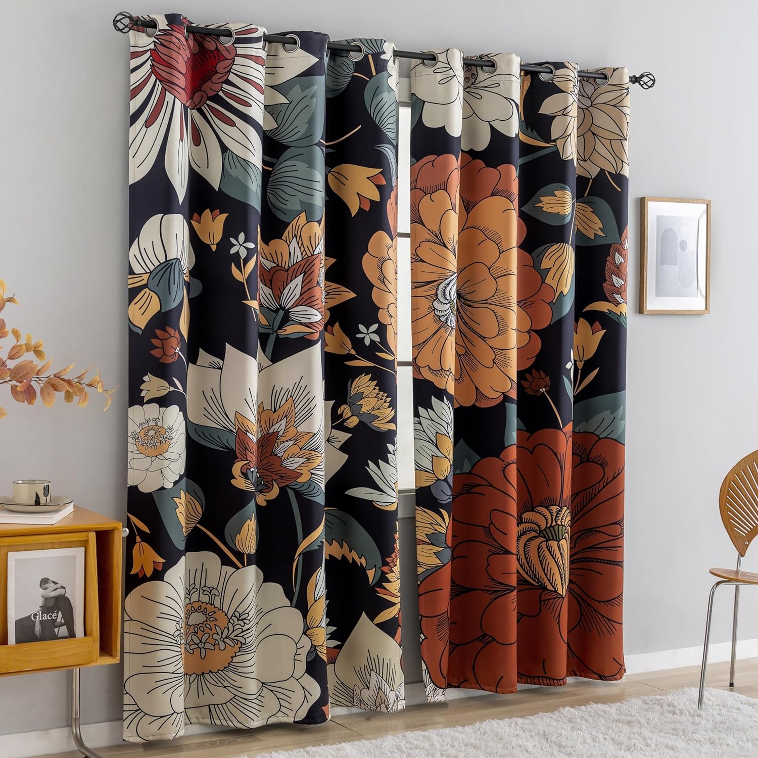 Tyrot 2 Panels Black Boho Floral 100% Blackout Curtains for Bedroom Grommet Curtains, 52" x 84"