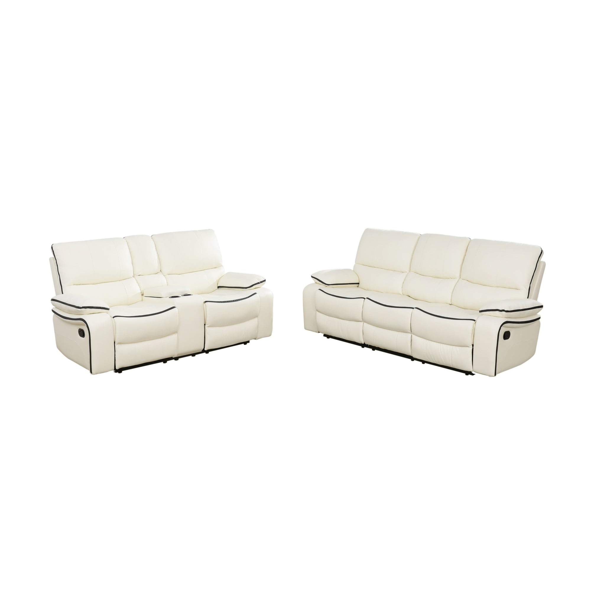 Gewnee 2-Piece Living Room Recliner Sofa Set with Console & Cup Holders, Air Leather, Solid Wood Frame & Double-Layer Springs, Off-white