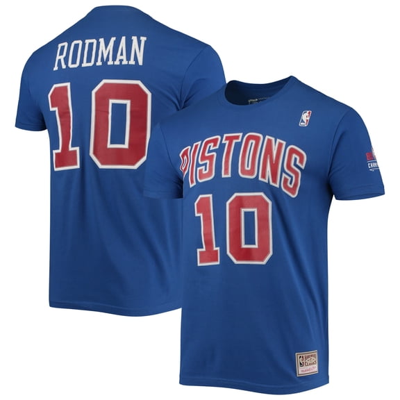 Men's Mitchell & Ness Dennis Rodman Blue Detroit Pistons Hardwood Classics Stitch Name & Number T-Shirt